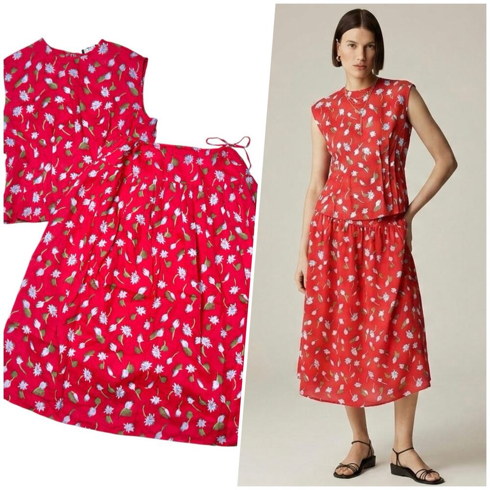 J. Crew | Women | Red Ramie Daisy Shell Top Midi Skirt Matching Set | 6 Small